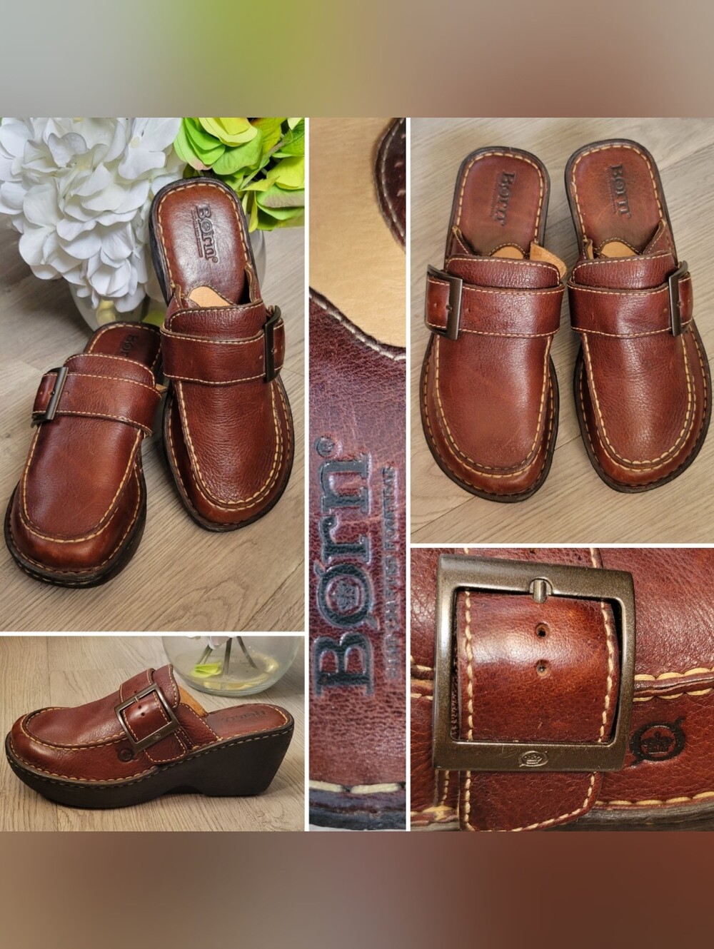 Børn Cloister French Roast Leather Wedge Mule Clog Opanka Stitching, US 6 EU 36
